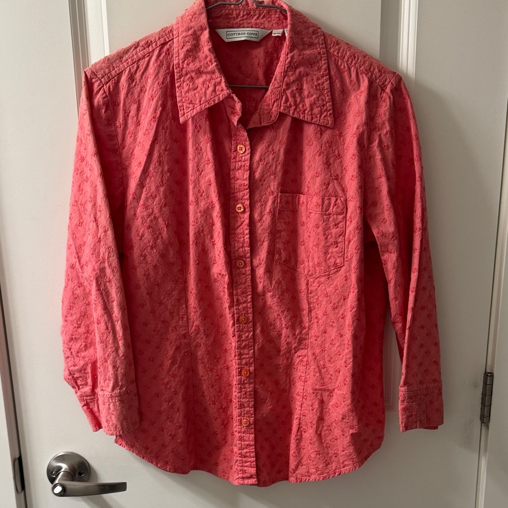 Cottage Cove Salmon Pink Textured Button Down 3/4 Sleeve length Cotton Blouse